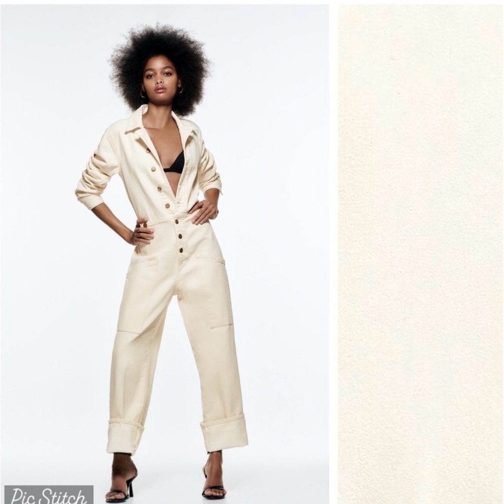 New Zara Ecru Long Jumpsuit with Pockets. Size Small